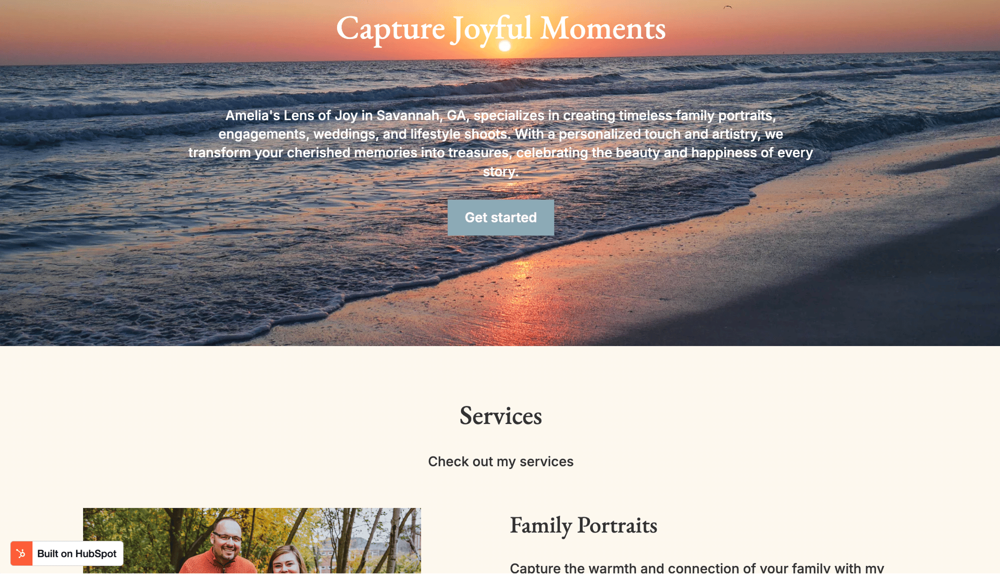 Screen capture of Amelia's Lens of Joy photography website homepage Screen capture of Amelia's Lens of Joy photography website homepage